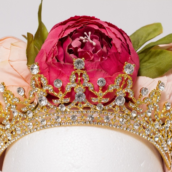 Handmade Pink Flower Rhinestone Gold Crown main image 12